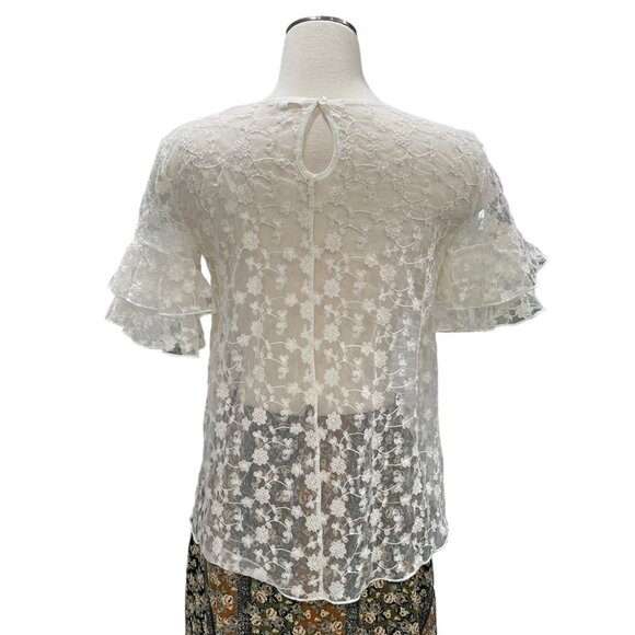 Maurices Women's White Lace Small, Sheer Floral Blouse Ruffle Sleeves, Boho Chic - Picture 9 of 9